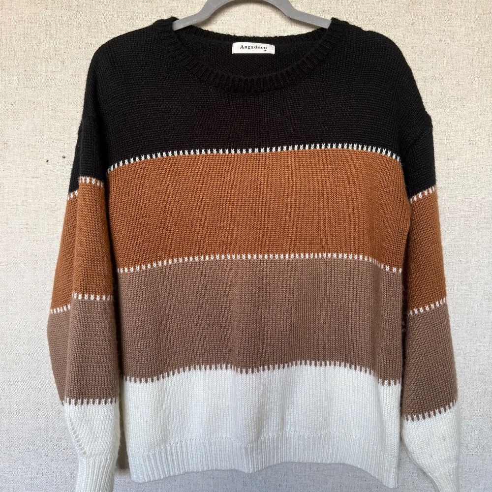 Color Block Knit Sweater | Neutral Brown Tan Cream | Cozy Pullover Size M